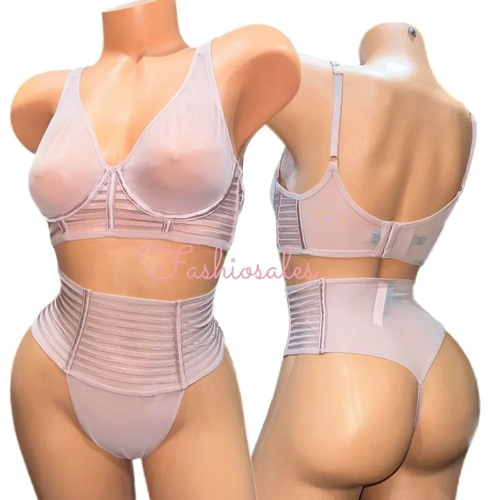 Victoria’s Secret Set Sexy Sheer Mesh Unlined Plunge bra & High Waist Thong pink